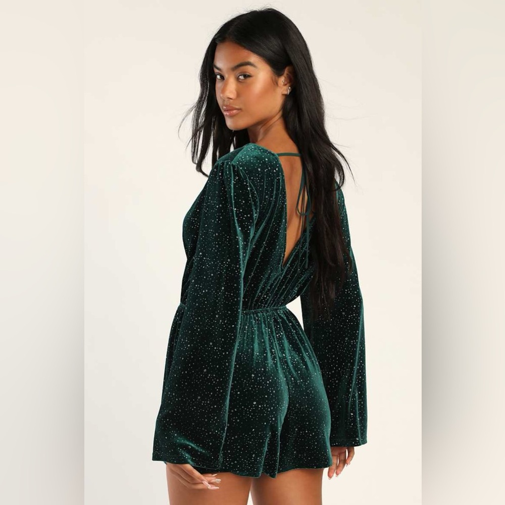 Lulus Beneath a Starry Sky Emerald Green Velvet Silver Sparkly Romper Medium NWT - Picture 11 of 15